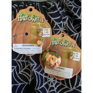 Vintage CVS Pumpkins Halloween Lapel Pin And  Earrings Lot